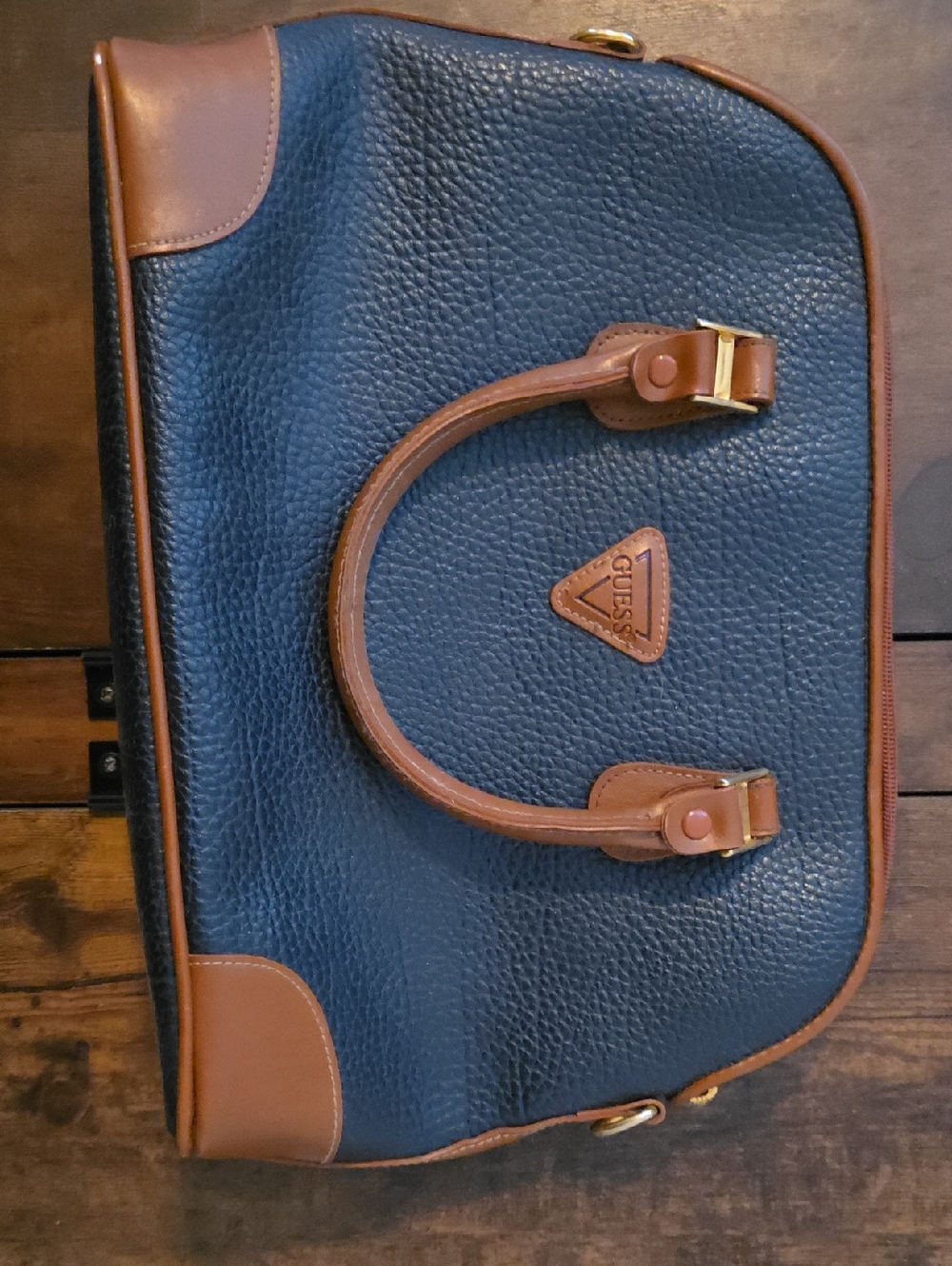 GUESS Navy and Brown Pebble-Textured Leather Messenger Bag -10